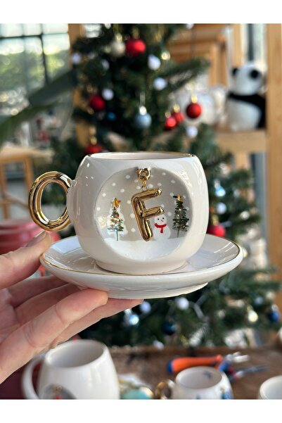 BSK Ceramics Handmade Harfli Porselen Kahve Fincan Yılbaşı Kardan Adam Çam Ağ...