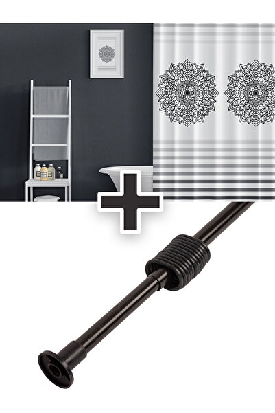 Tropikhome Polyester Kumaş Çizgi Desen  Banyo Perdesi Siyah Askı Aparatı Hediyeli C-halkalı Duş Perdesi
