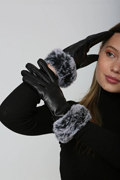 REMSA Gloves Eld-19 - Black Women's Leather Gloves with Gray Plush Detail