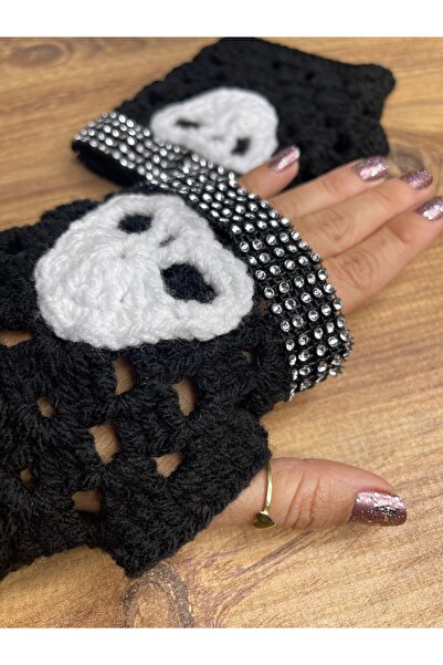 zeinapp Kurukafa Detaylı Gotik Tarz Taşlı Tasarım Parmaksız Eldiven