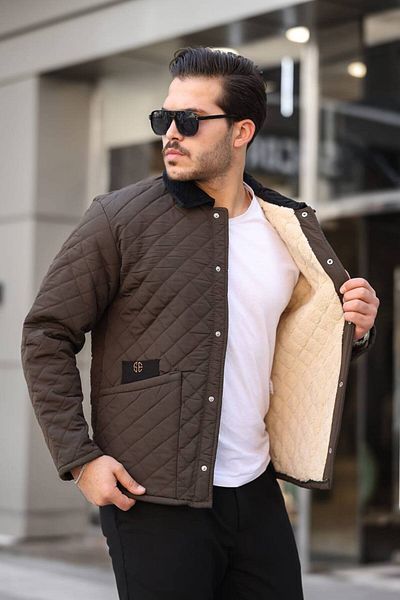Serseri Men's Brown Quilted Sheepskin Snap Closure Velvet Collar Coat