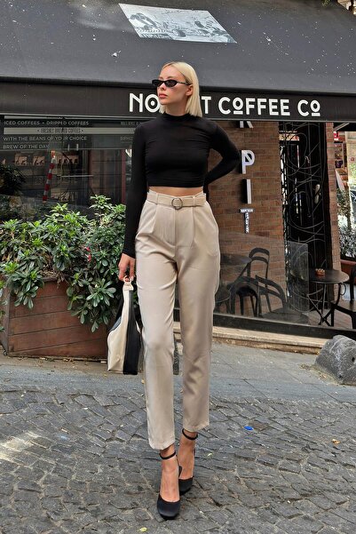 Swist Béžové dámské kalhoty Vivon s vysokým pasem a páskem - elastický pas