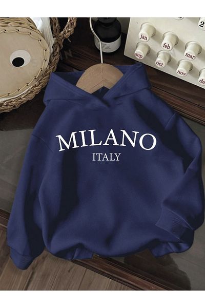 MORNİNG KİDS Момичета-момчета, тъмносин суичър с качулка и щампа Milano Italy