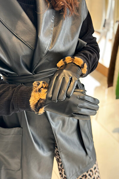 REMSA Чорні жіночі шкіряні рукавички з плюшевими деталями Zebra - ELD-26