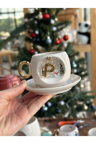 BSK Ceramic Handmade Letters Coffee Cup - Christmas Snowman Pine Tree Mug Gift P