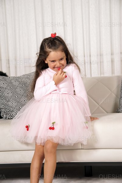 QUESHMA Rochie de fetita tutu din tul captusita cu visinii