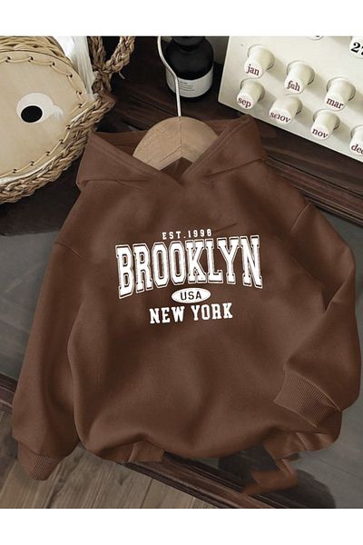 MORNİNG KİDS Момичета-момчета Кафяв суичър с качулка Brooklyn Usa New York с щампи