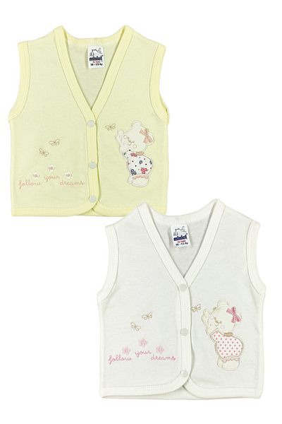 Miniel Baby Girl Teddy Bear Embroidered Organic Cotton 3-6-9 Months 2-Piece Combed Cotton Baby Vest - Yellow