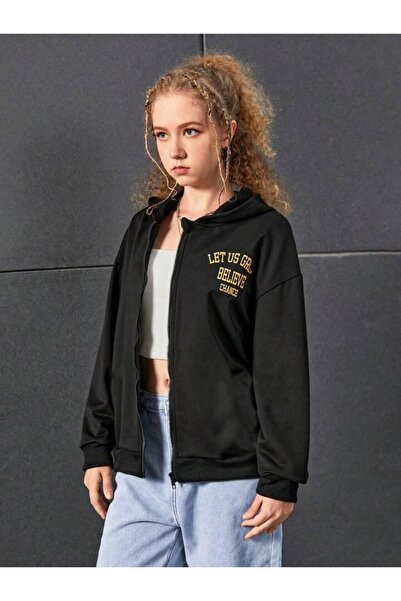 MORNİNG KİDS Girl's Black Hooded Zippered Raster Believe Change Printed Cardigan