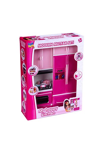Doğan Oyuncak Dünyası طقم مطبخ مزدوج من My Happy Kitchen - لعبة مطبخ حديثة مع ضوء وصوت - ثلاجة، F