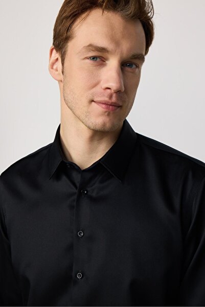 Tudors Slim Fit Siyah Non-ıron %100 Pamuk Doğa Dostu Ekoteks Belgeli Ütü Gerektirmez Gömlek