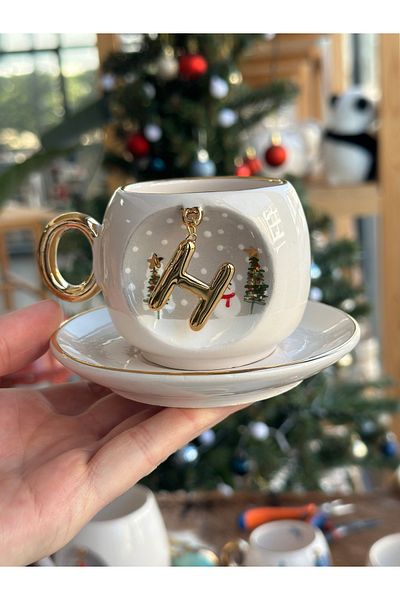 BSK Ceramic Lettered Coffee Cup - Christmas Snowman Pine Tree Mug Gift