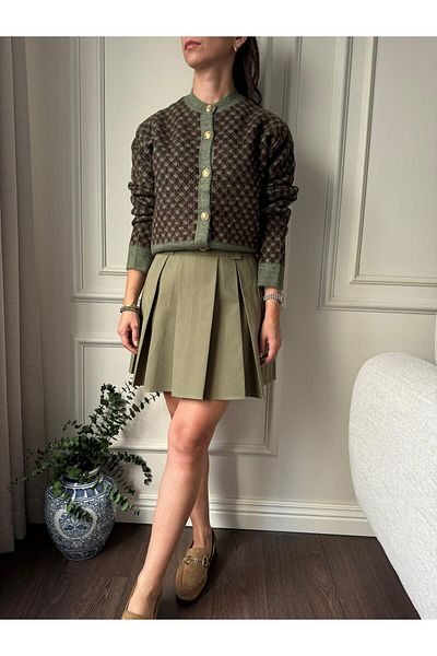 AURRARİ Women's Khaki Brown Crew Neck Gold Button Detailed Patterned Knitwear Cardigan
