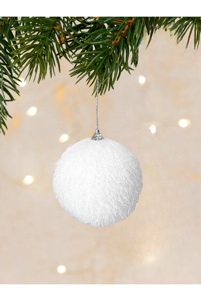 Parti Adresi Pine Tree Patterned White Tufted Christmas Balls - 10 cm