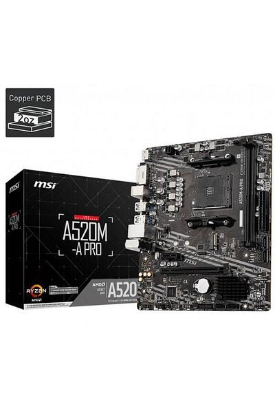 MSI A520M-A Pro Ddr4 M2 Pcie Nvme HDMI Dvi Pcie 16X V3.0 Am4 Matx