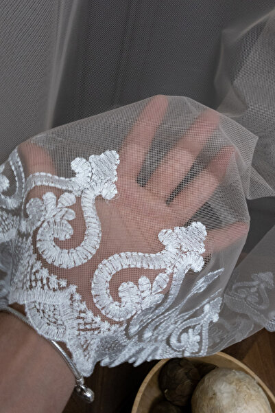 farbateks 3 Layers Pleated Mink Colored Embroidered Gradient Tulle Curtain