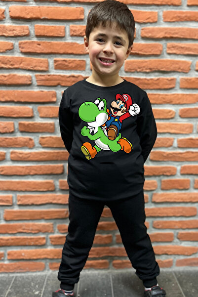 endudu طقم أطفال مكون من قطعتين بطبعة سوبر ماريو وديناصور - 100% قطن