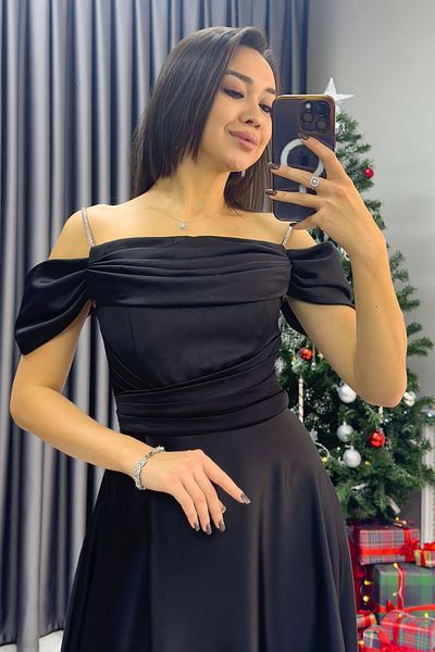 zks grup tekstil Rochie de seară din satin cu umăr dezactivat cu bretele de piatră pentru femei, neagră, bleumarin