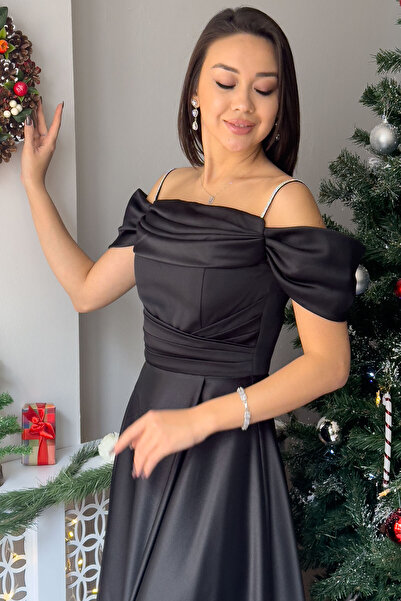 zks grup tekstil Women's Stone Strap Off-Shoulder Satin Slit Evening Dress Black, Navy