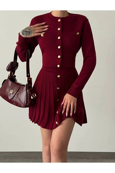 Cistern İstanbul Women's Burgundy Gold Button Detailed Cardigan Skirt Knitwear Double Set