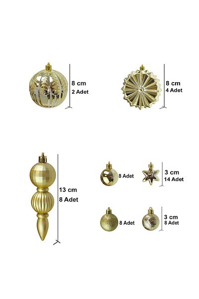 Parti Adresi New Year's Tree Decorations - Mixed Figures, Gold Set of 52