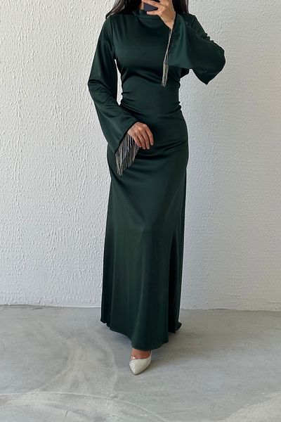 LEYUZE BUTİK Σατέν Μαργαριτάρι: Βραδινό φόρεμα Hijab με λεπτομέρεια αλυσίδας με μανίκια