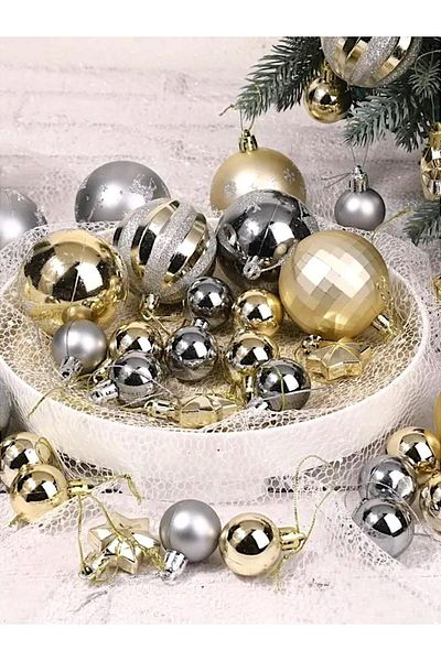 Parti Adresi Christmas Ball Boxed Pine Tree Ornament Set Mixed Silver-Gold 44
