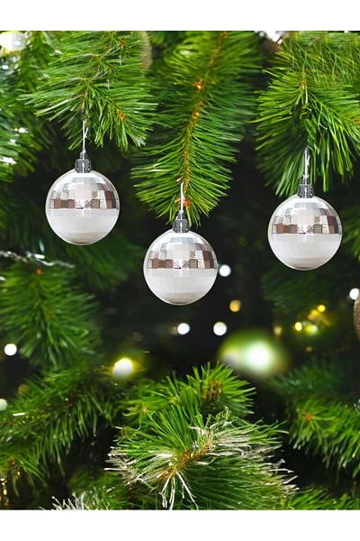 Parti Adresi Christmas Silver Colored Pine Tree Balls - 5 cm 6-Piece Disco Look Ornaments