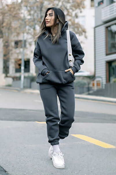 YAKAMEL Kadın 3 İplik İçi Puf Rahat Kalın Kapşonlu Kaliteli Eşofman Takımı