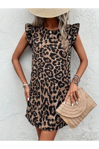 MODA ŞEHRİ Women's short sleeve ruffle detail tie back leopard print sleeveless mini micro dress