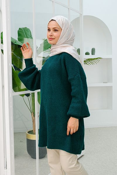 LOCCO Emerald Green Balloon Sleeve Crew Neck Women's Knitwear Sweater
