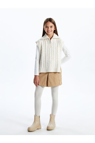 LC Waikiki Lcw Kids Light Beige Stand Collar Self Patterned Girl's Knitwear Sweater