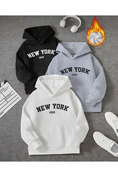 GLOWES Детски унисекс комплект от 3 броя суичъри с качулка и щампа New York Oversize