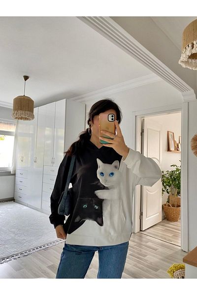 İpeksi Silky Women's Long Sleeve Hooded Lace-Up Cat Pattern Hooded Diver Blouse