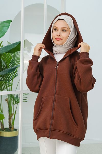 LOCCO Γυναικεία ζακέτα Oversize καφέ με κουκούλα