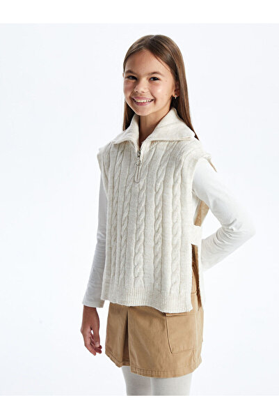 LC Waikiki Lcw Kids Light Beige Stand Collar Self Patterned Girl's Knitwear Sweater