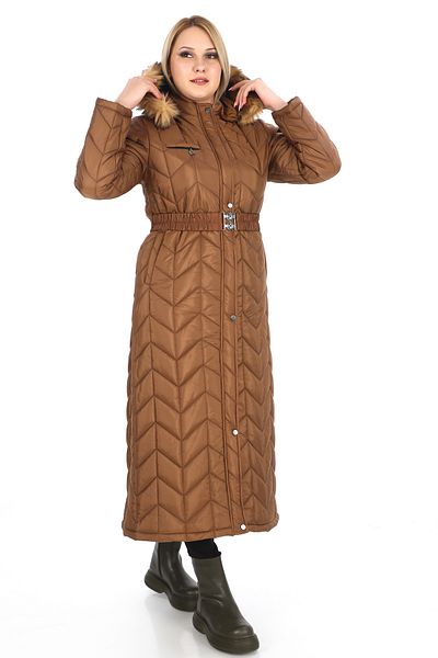 Dabenti women style Women's Large Size Tan Hooded Belted Zippered Quilted Coat