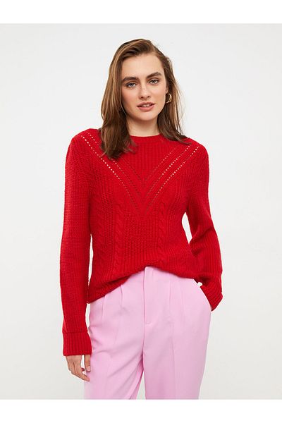 LC Waikiki Red Crew Neck Self Pattern Long Sleeve Women's Knitwear Sweater