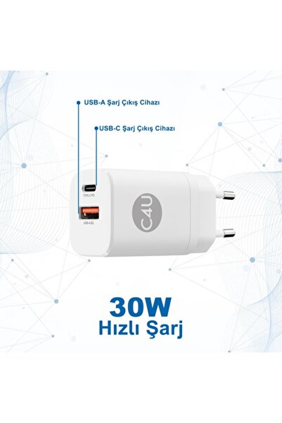 Case 4U Type-C + USB-A Çıkışlı 30W Akım Korumalı iPhone ve Android Uyumlu Hızlı Şarj Adaptörü Beyaz