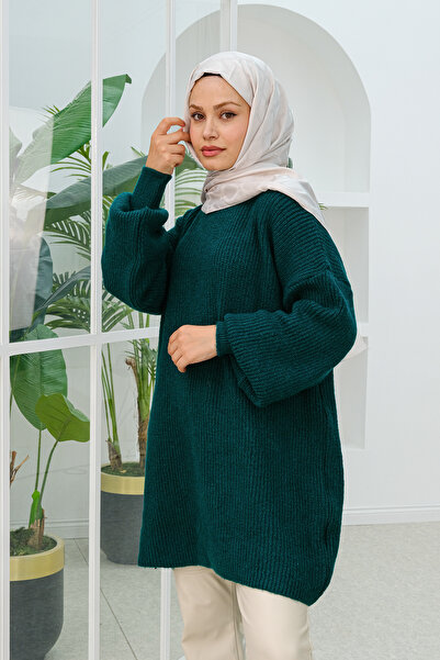 LOCCO Emerald Green Balloon Sleeve Crew Neck Women's Knitwear Sweater