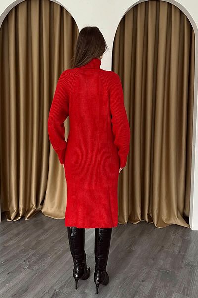 Coral Turtleneck Balloon Sleeve Long Dress Red