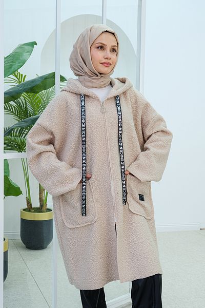 LOCCO سترة نسائية ذات لون حجري بغطاء للرأس