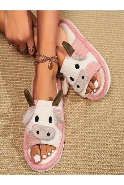 milyon shoes Sevimli pembe inekli terlik, keten kumaş