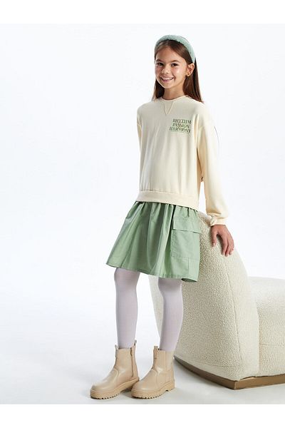 LC Waikiki Παιδικό φόρεμα Lcw Kids Beige Crew Neck με στάμπα για κορίτσια