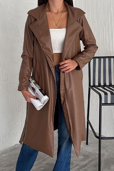 Deafox Faux Leather Trench Coat with Brown Lining and Belt