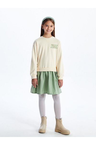 LC Waikiki Παιδικό φόρεμα Lcw Kids Beige Crew Neck με στάμπα για κορίτσια