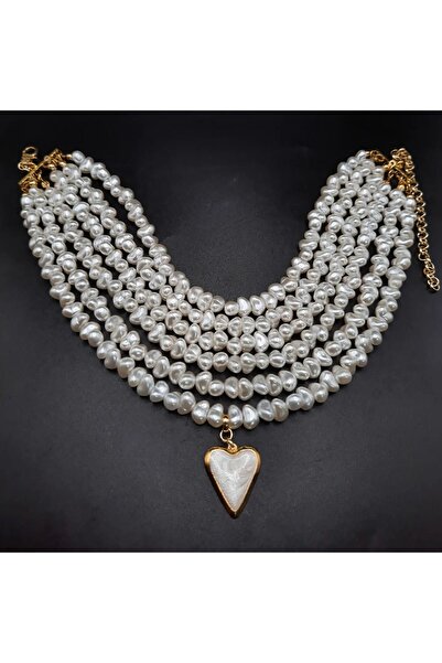 gelin Sedef kalpli inci kolye,choker kolye,inci kolye,kalp kolye