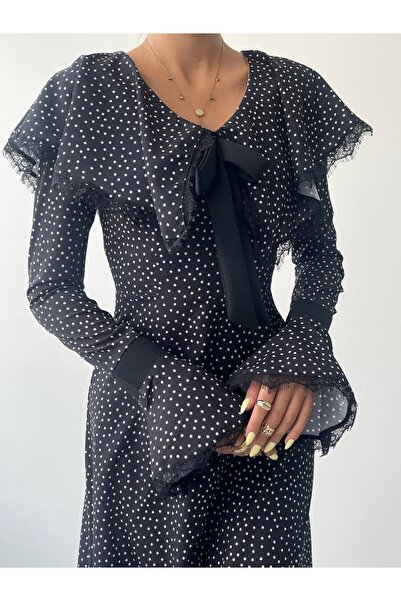 HONEY FASHİON Collar Detailed Polka Dot Max Length Dress