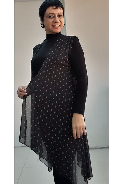Mertcan Butik Black Red Floral Print Loose Asymmetrical Silk Gauze Vest