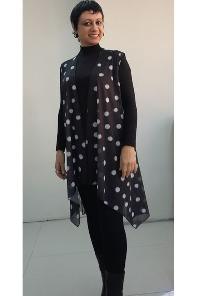 Mertcan Butik Black Polka Dot Loose Asymmetrical Silk Gauze Vest